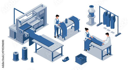 Isometric clothing production workshop featuring garment cutting and sewing equipment