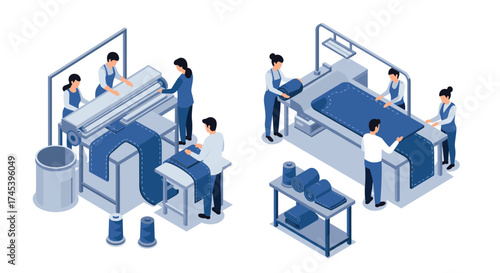 Isometric textile factory production process with workers and machines