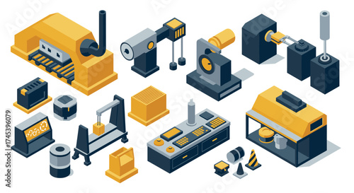 Isometric factory equipment icons for industrial automation