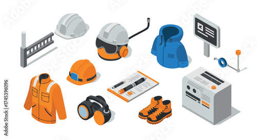 Isometric safety equipment set including helmets, clothing, and tools for industrial use