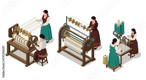 Traditional textile weaving process in isometric design with women artisans