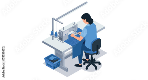 Seamstress working at sewing machine in isometric style