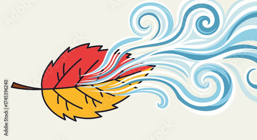 A colorful illustration of a leaf transforming into swirling blue and white wind, representing change.