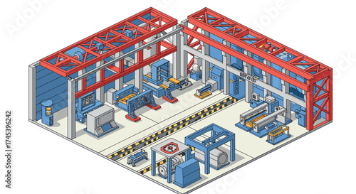 Isometric warehouse with robotics and red steel structures