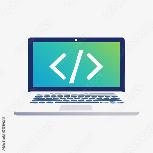 Modern laptop computer with a programming code symbol on the screen.