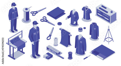 Isometric tailoring tools and apparel elements with workers in workshop setting