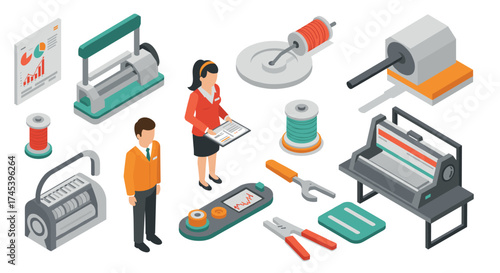 Isometric industrial equipment and professionals in manufacturing and textile industry
