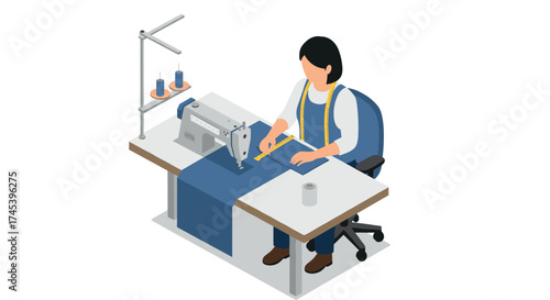 Seamstress at work in isometric style sewing workshop with modern equipment