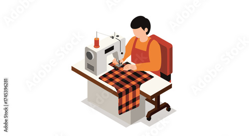 Flat design seamstress sewing at machine with checkered fabric