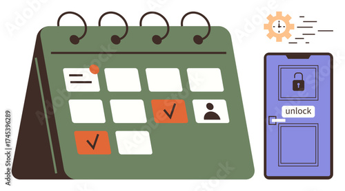 Calendar with event marks and checkboxes beside a locked door unlocking. Ideal for planning, scheduling, time management, deadline tracking, organization, productivity, teamwork. Simple flat metaphor