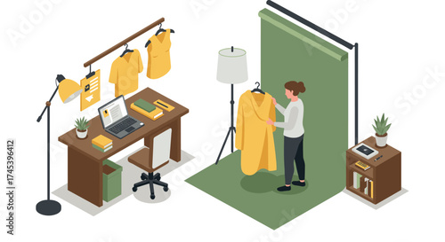 Fashion design workspace with isometric clothing display and office setup