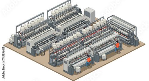 Modern isometric textile factory with automated sewing machines and workers