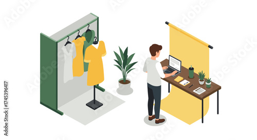 Isometric fashion design workspace modern home office and clothing rack setup