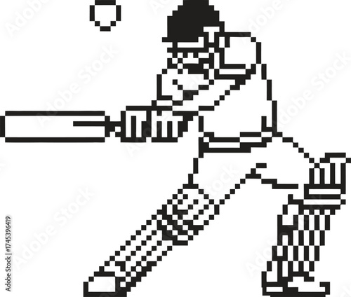 Cricket player swinging bat to hit ball on white background