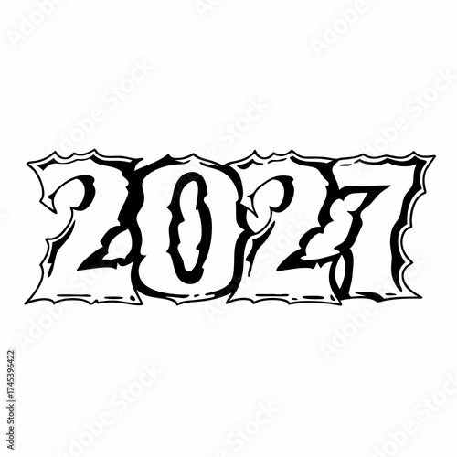 Bold graffiti style numbers 2027 with flame-like border on white background Keywords: 2027, numbers, year, new year, celebration, graffiti, urban, street art, bold, black and white, outline