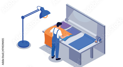 Isometric figure working on large format printer in modern workspace