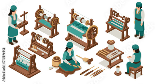 Traditional weaving and spinning workshop isometric craft scene with artisans
