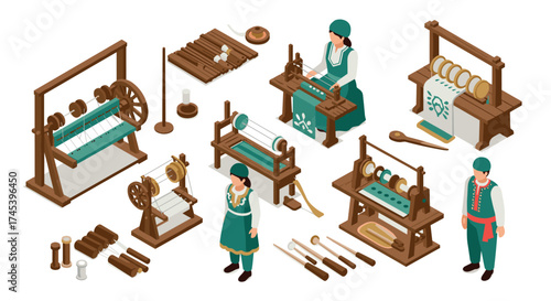 Traditional textile crafting in isometric style with vintage looms and artisans
