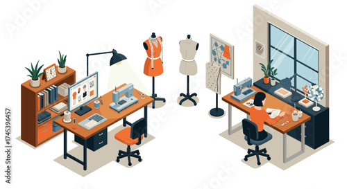 Sewing studio isometric design with fashion designer at work and tailoring equipment