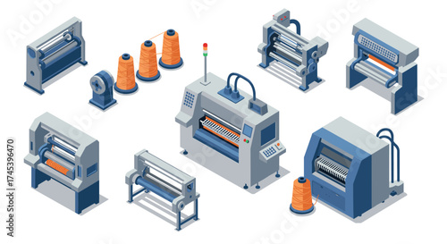 Isometric set of industrial textile machines with orange thread spools