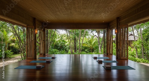 Serene Yoga Studio Open on Jungle Forest with Wooden Ceiling and Natural Light