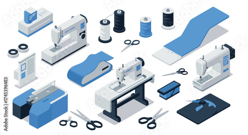 Seamless pattern of sewing machines and tools in isometric blue and gray design