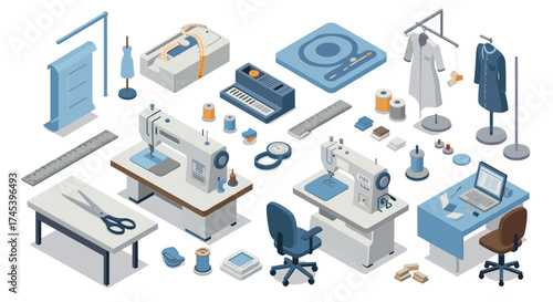 Seamstress workspace in isometric style featuring sewing equipment and tailoring tools