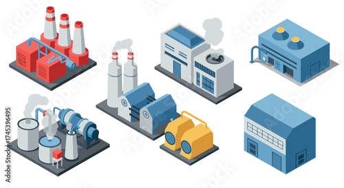 Isometric industrial buildings and factories set with blue and red highlights