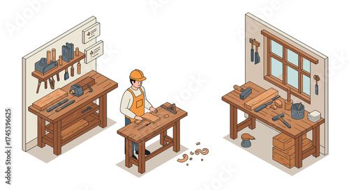 Isometric woodworking workshop with carpenter at workbench and tools