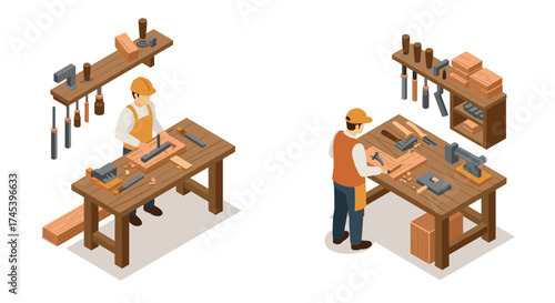 Isometric carpentry workshop woodworker crafting at bench with tools and equipment