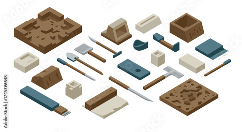 Isometric archaeological tools and artifacts on white background