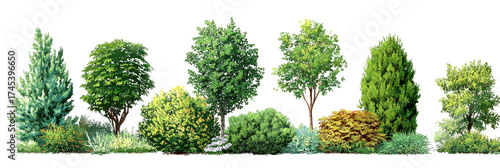 Lush green trees and shrubs in a landscape design