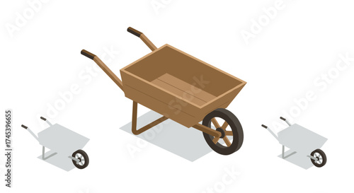 Isometric design of wooden wheelbarrow with additional mini versions on white background
