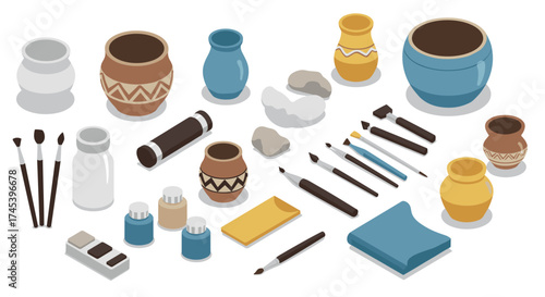 Isometric pottery tools and clay vessels collection for ceramic craft enthusiasts