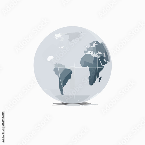 Transparent glass globe showing continents of Earth on a white background.