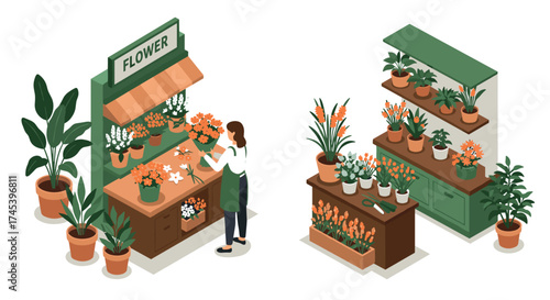 Isometric flower shop with florist arranging plants and flowers on display