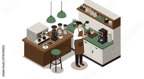 Isometric coffee shop interior with barista making coffee in modern cafe design