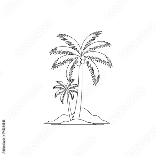Two palm trees on a small island, with gentle waves in the background under a clear sky