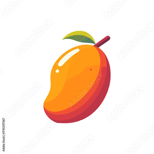 Vibrant mango illustration showcasing its glossy skin and green leaf against a plain background