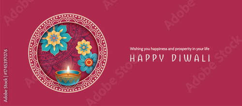 Diwali greeting card with paper flowers inside decorative frame. Festive banner concept for the Indian Festival of Lights