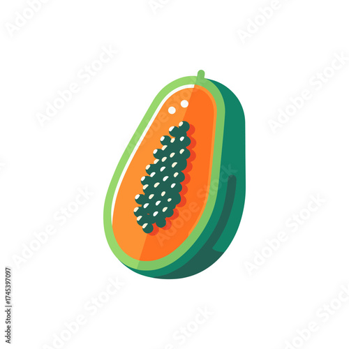Vibrant papaya fruit cut in half, showcasing its orange flesh and black seeds, isolated