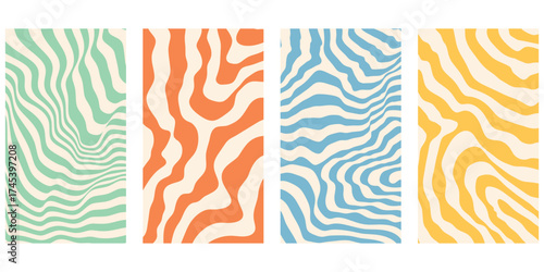 Four vertical panels featuring abstract wavy line patterns in different vibrant color palettes isolated on transparent background