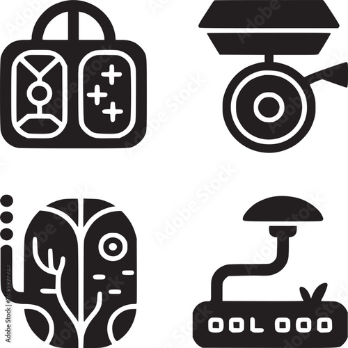 A collection of four distinct black and white icons arranged on a white background in a grid pattern