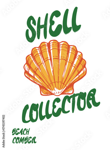 Seashell beach vintage artwork. Only fresh seafood. Seashell Paradise Club. Seafood artwork. Ocean Shell Club. Summer vibes artwork.