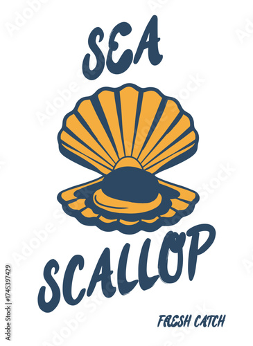 Seashell beach vintage artwork. Only fresh seafood. Seashell Paradise Club. Seafood artwork. Ocean Shell Club. Summer vibes artwork.
