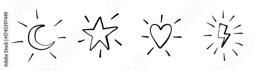 hand drawing icon star love, heart, crescent moon, lighting, thunder with sunburst doodle hand drawing