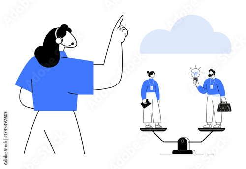 Woman guiding two individuals on balance scale sharing ideas and tools, emphasizing equality, cloud storage. Ideal for teamwork, decision-making, equality, innovation, leadership, cloud computing