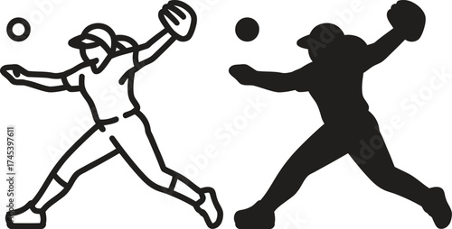 Baseball player throwing a ball with a silhouette version