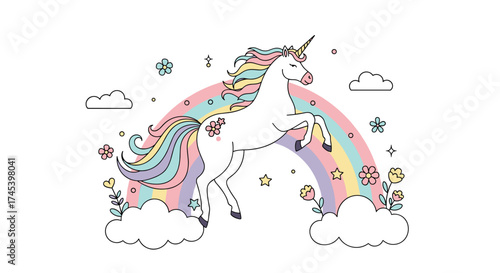A magical unicorn leaping over a pastel rainbow with fluffy clouds and flowers.
