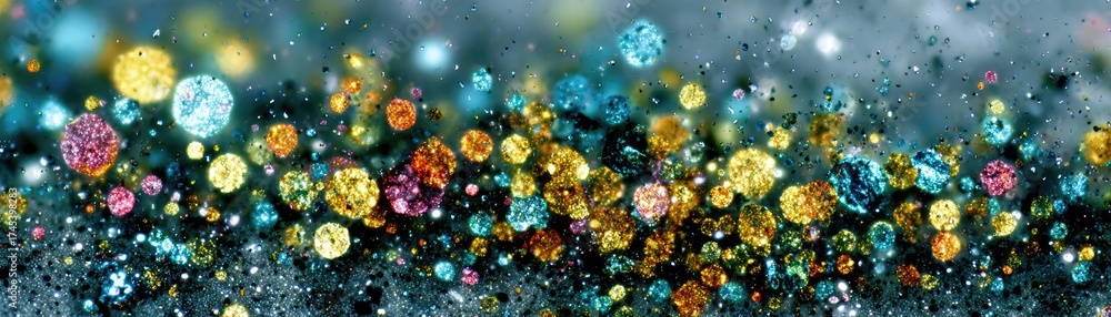 Fototapeta premium Extraction and refinement of precious rare earth concept. Colorful glitter background with sparkling lights and vibrant hues.